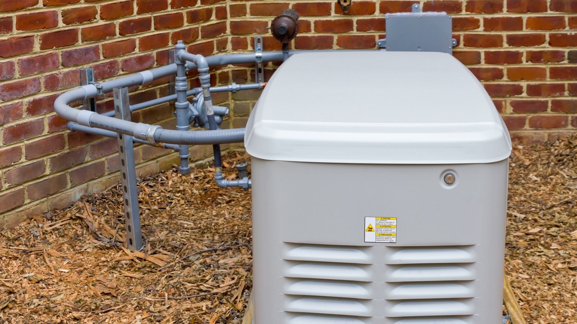 White home generator with pipes installed on brick wall and wood chips ground