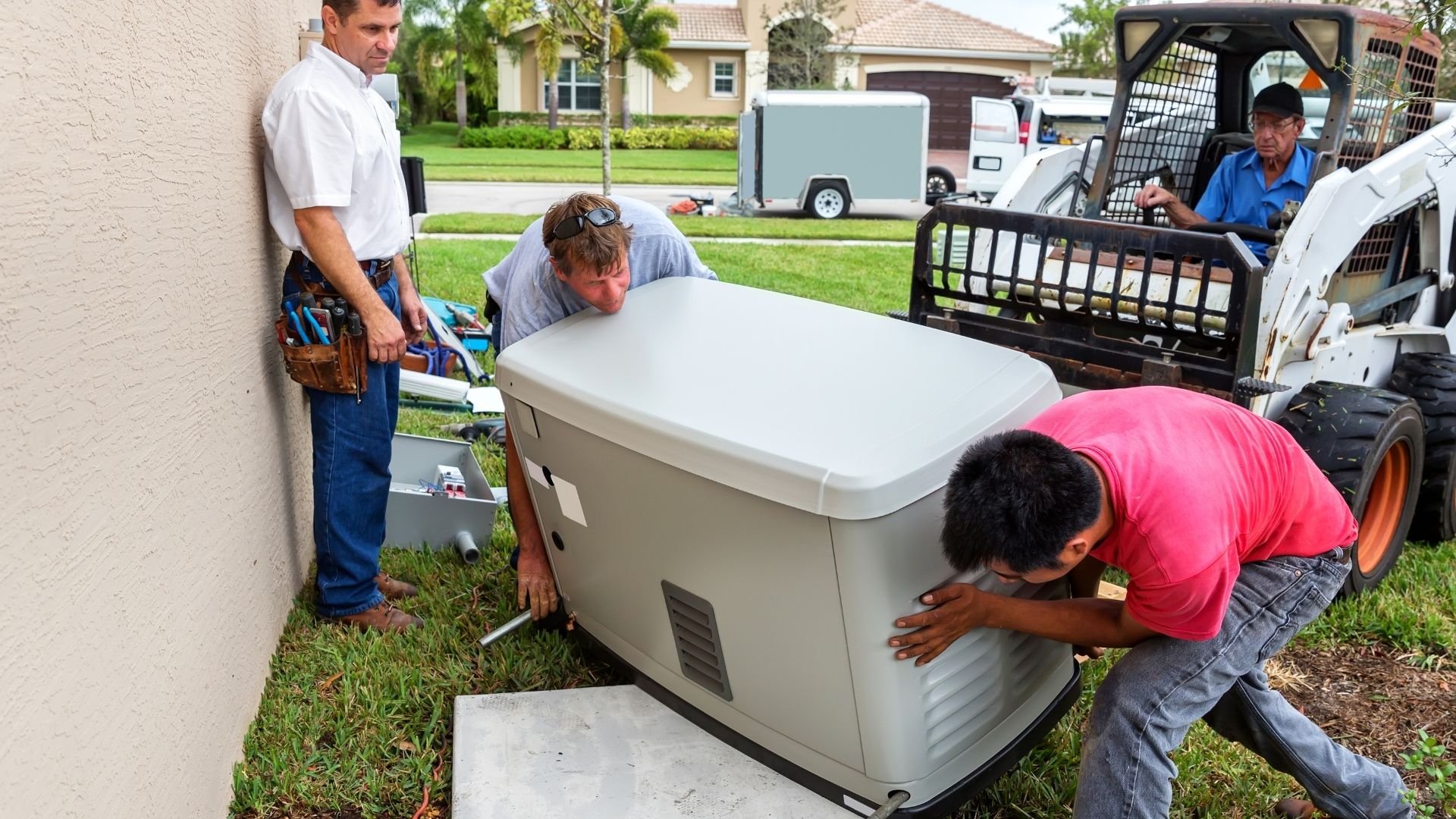 Workers installing a home generator on concrete pad in residential neighborhood