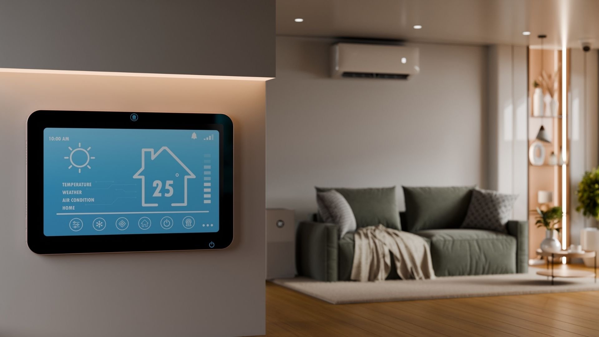 Smart home thermostat displaying temperature in modern living room interior