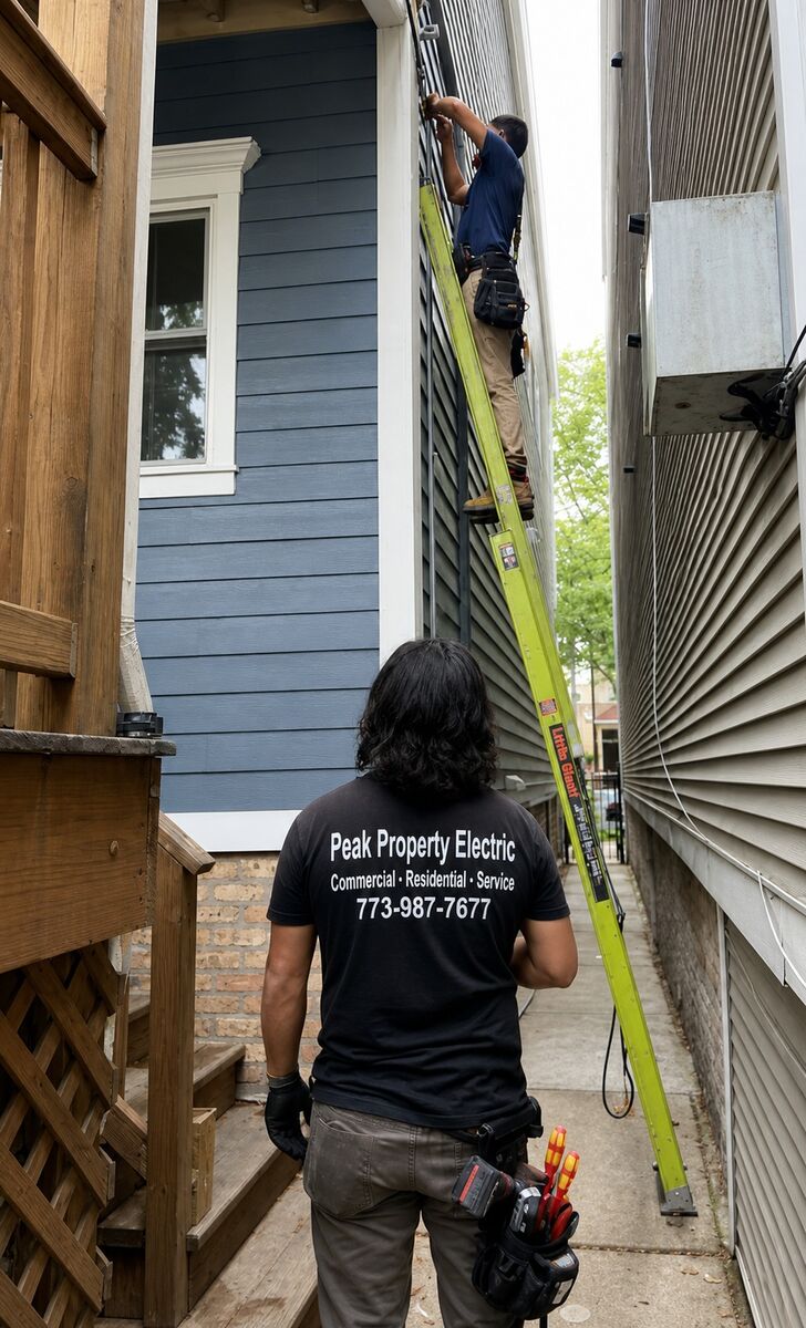 Peak Property Electric crew in branded shirts working on a job site