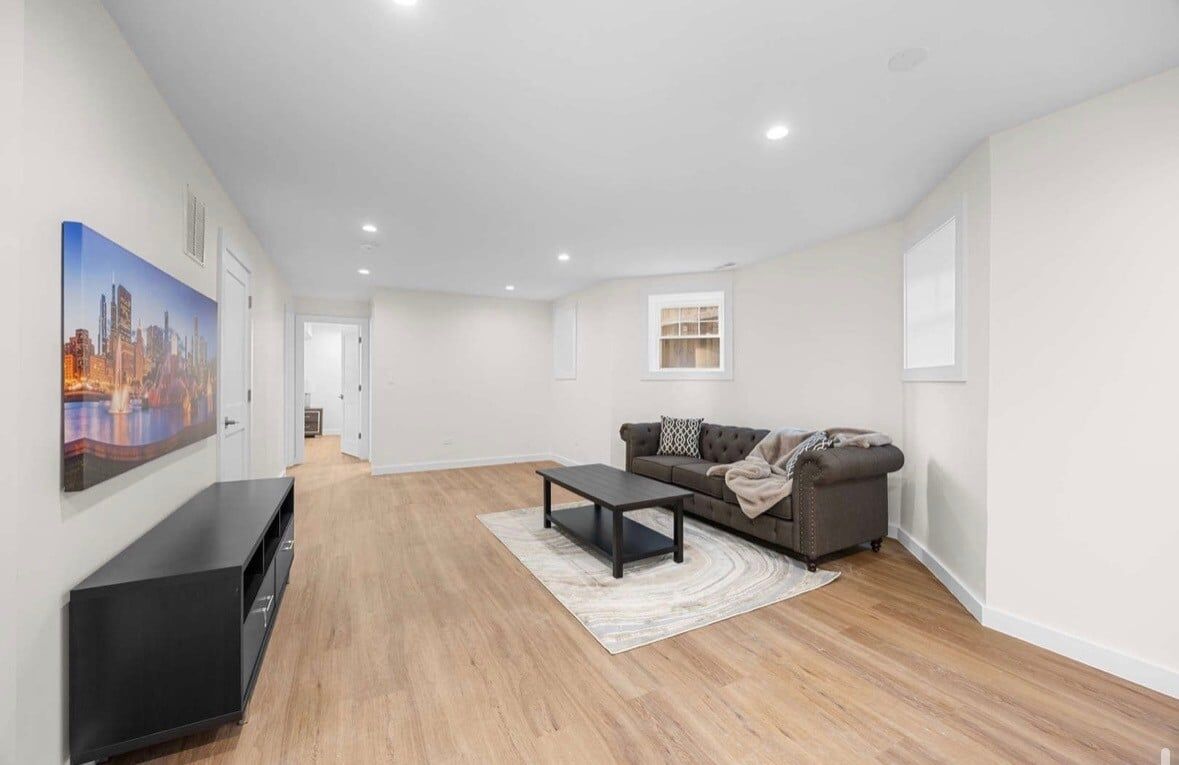 Finished basement with recessed LED lighting