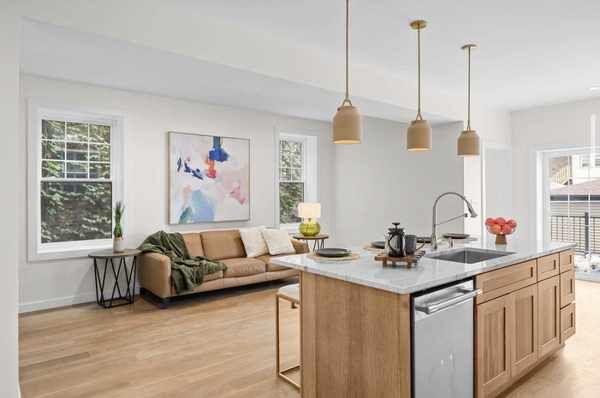 Open kitchen and living room with pendant lighting