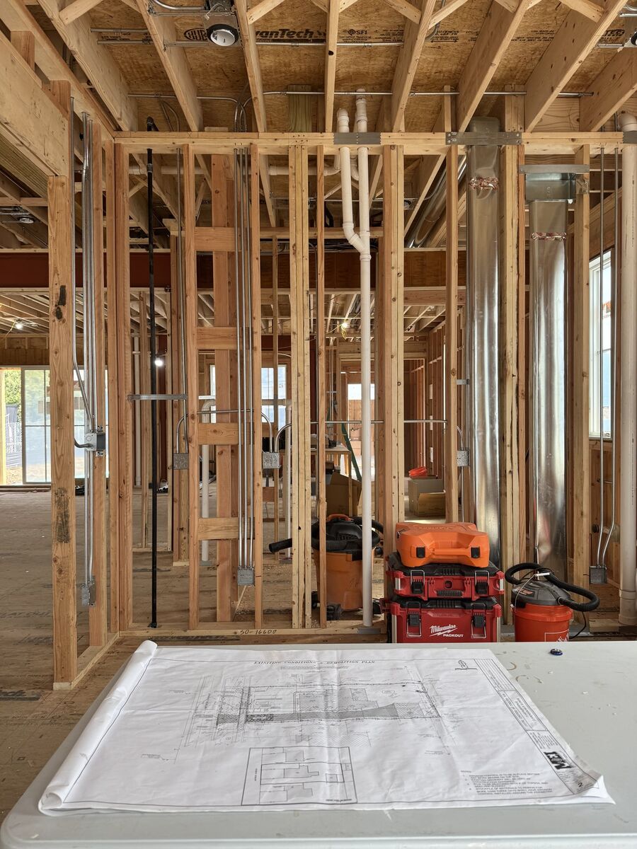 Electrical plans on site during a new construction wiring project